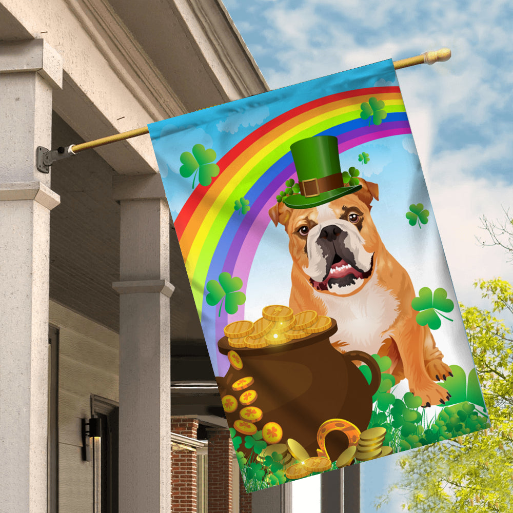Bulldog St Patrick's Day Dog Flag Funny Peeking Dog Wear Green Hat Golden Pot Coin Shamrock Rainbow Spring Banner for Home Decor | siriusteestore