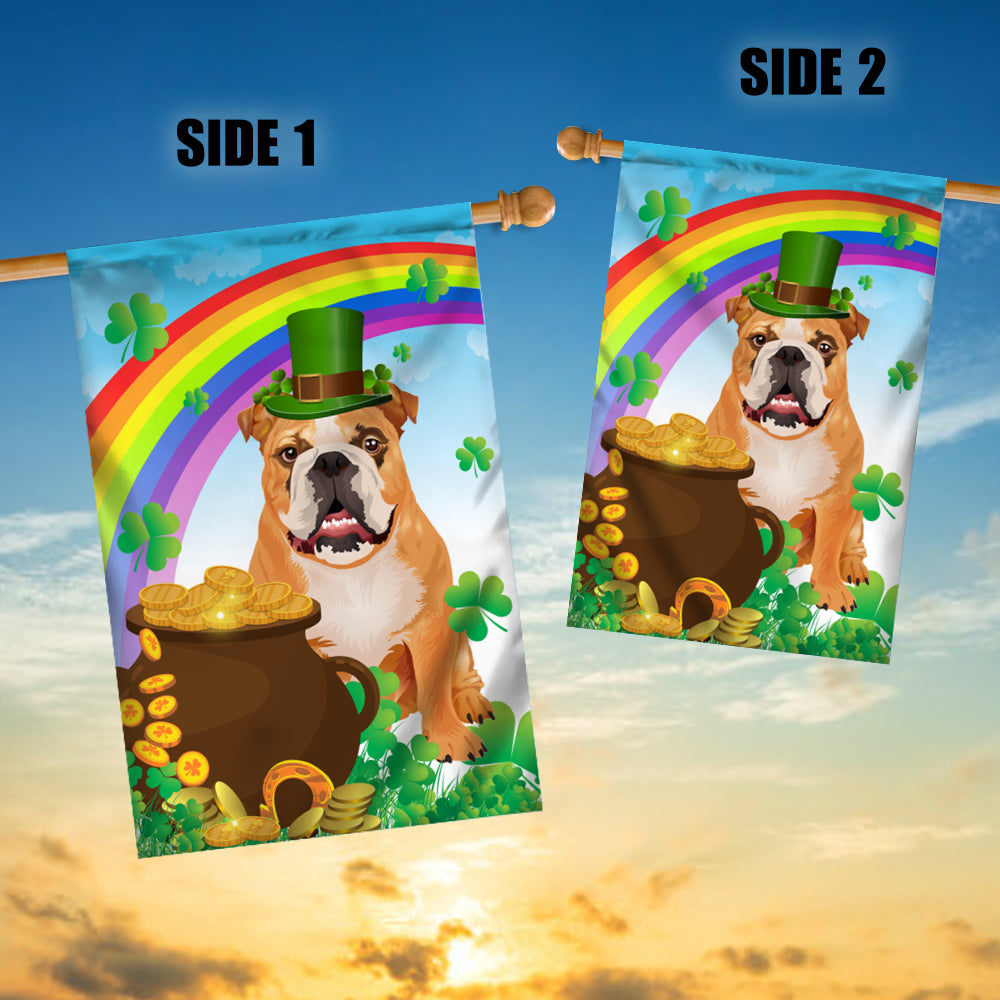 Bulldog St Patrick's Day Dog Flag Funny Peeking Dog Wear Green Hat Golden Pot Coin Shamrock Rainbow Spring Banner for Home Decor | siriusteestore