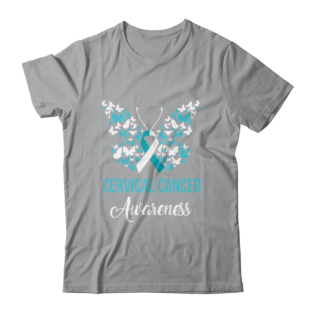 Butterfly Cervical Cancer Awareness Month White Teal Ribbon Shirt & Tank Top | siriusteestore