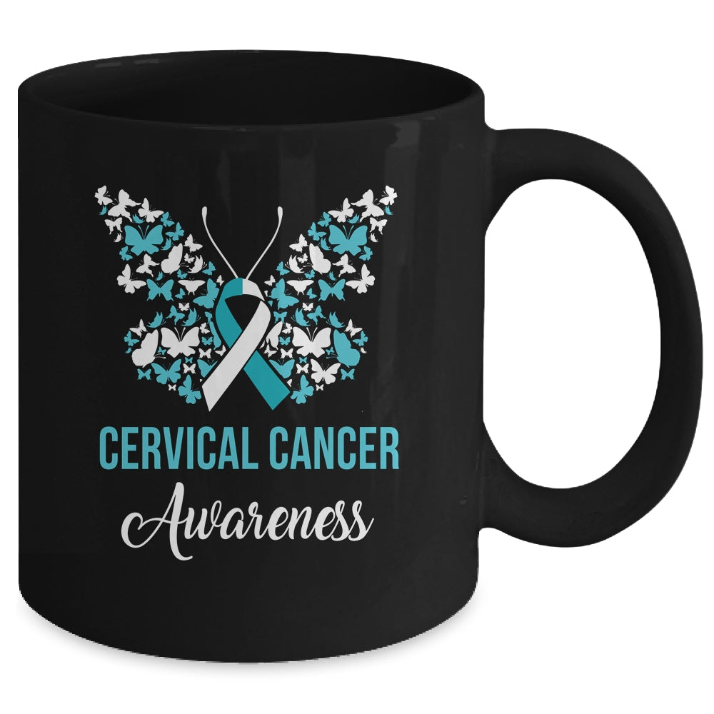 Butterfly Cervical Cancer Awareness Month White Teal Ribbon Mug | siriusteestore