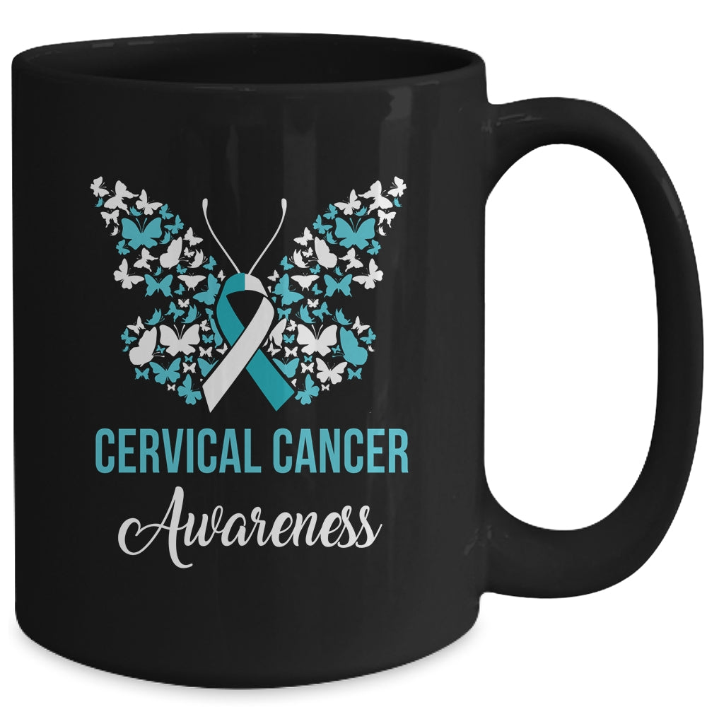 Butterfly Cervical Cancer Awareness Month White Teal Ribbon Mug | siriusteestore