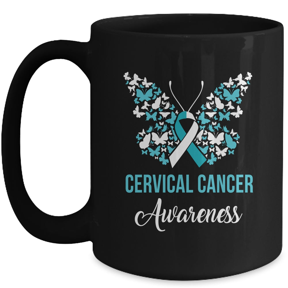 Butterfly Cervical Cancer Awareness Month White Teal Ribbon Mug | siriusteestore