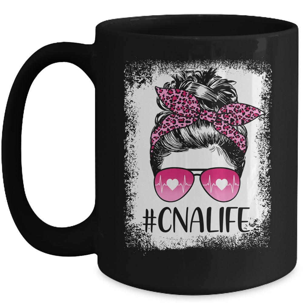 CNA Nurse Life Bleached Pink Leopard Messy Bun Hair Glasses Mug | siriusteestore