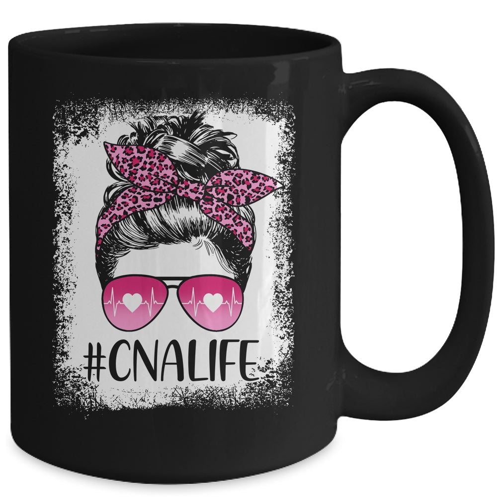CNA Nurse Life Bleached Pink Leopard Messy Bun Hair Glasses Mug | siriusteestore