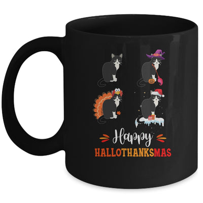 Cat Happy Halloween Thanksgiving Christmas Hallothanksmas Mug | siriusteestore