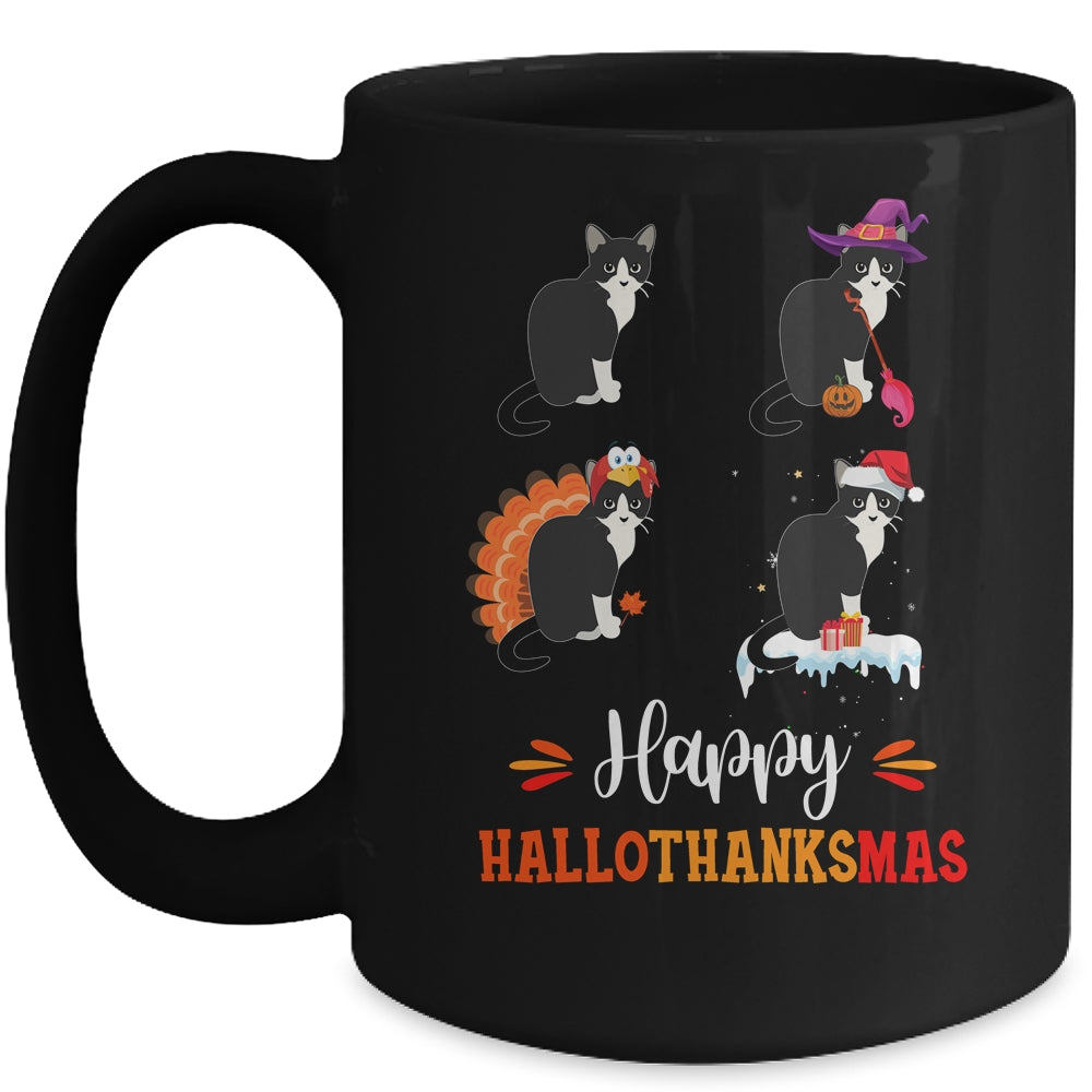 Cat Happy Halloween Thanksgiving Christmas Hallothanksmas Mug | siriusteestore