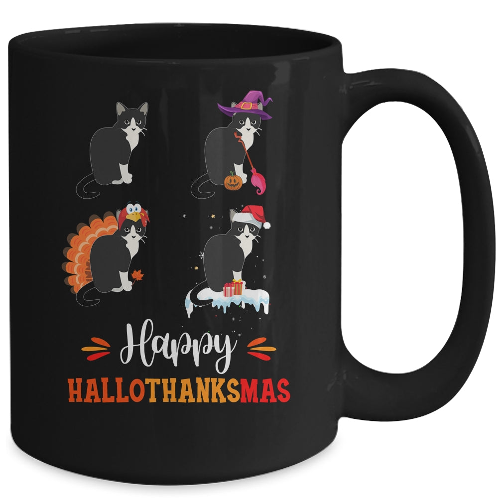 Cat Happy Halloween Thanksgiving Christmas Hallothanksmas Mug | siriusteestore