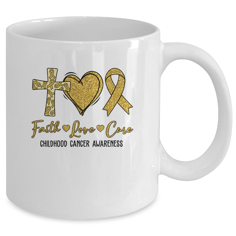 Childhood Cancer Awareness Faith Love Cure Gold Ribbon Mug | siriusteestore