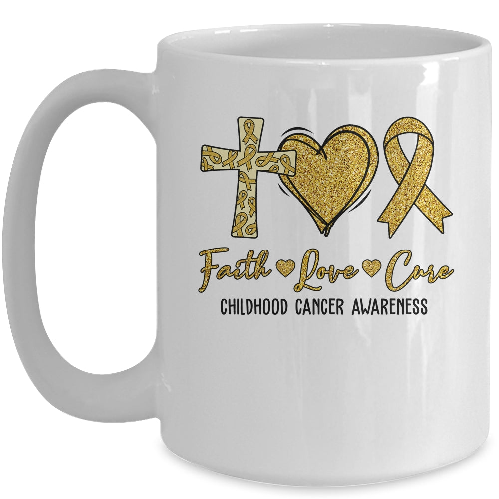Childhood Cancer Awareness Faith Love Cure Gold Ribbon Mug | siriusteestore