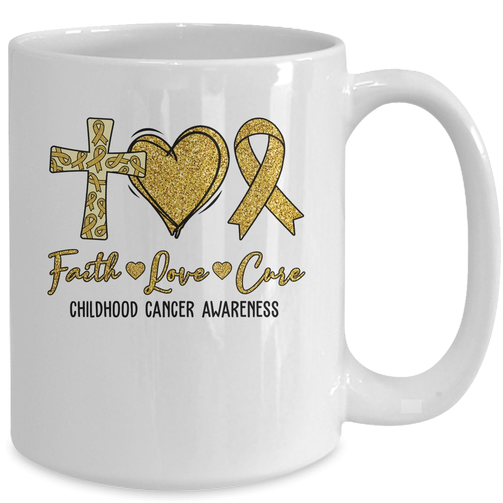 Childhood Cancer Awareness Faith Love Cure Gold Ribbon Mug | siriusteestore