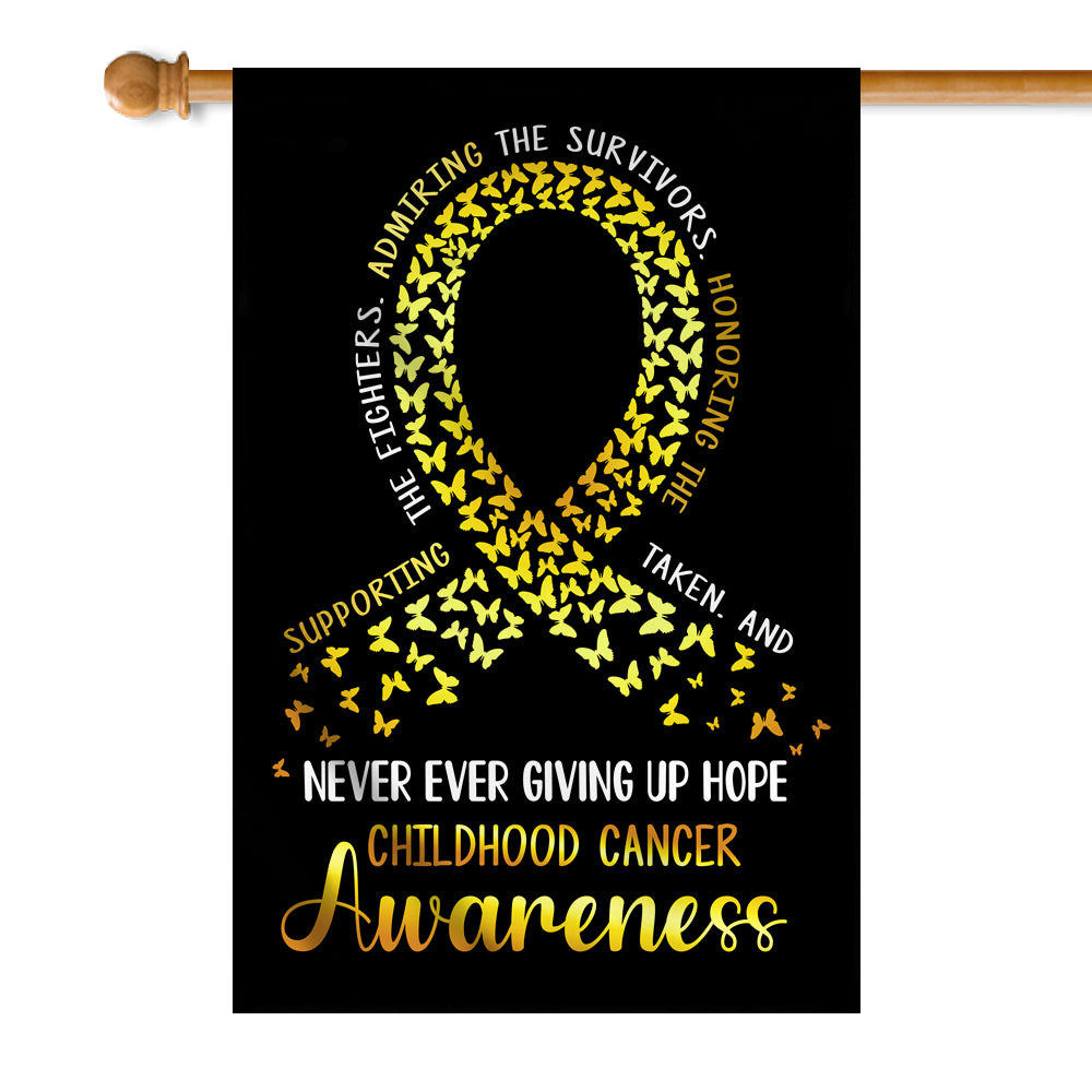 Childhood Cancer Awareness Flag Never Ever Giving Up Hope Gold Ribbon Butterfly Farmhouse | siriusteestore