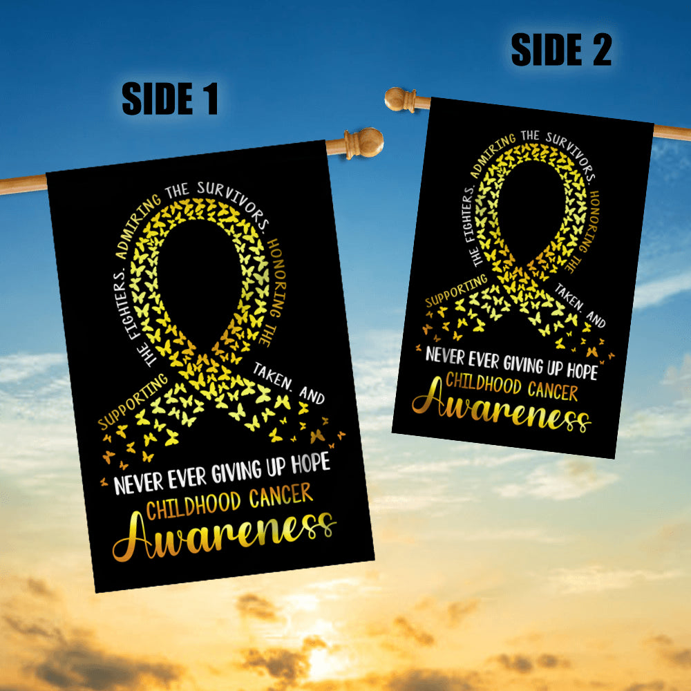 Childhood Cancer Awareness Flag Never Ever Giving Up Hope Gold Ribbon Butterfly Farmhouse | siriusteestore