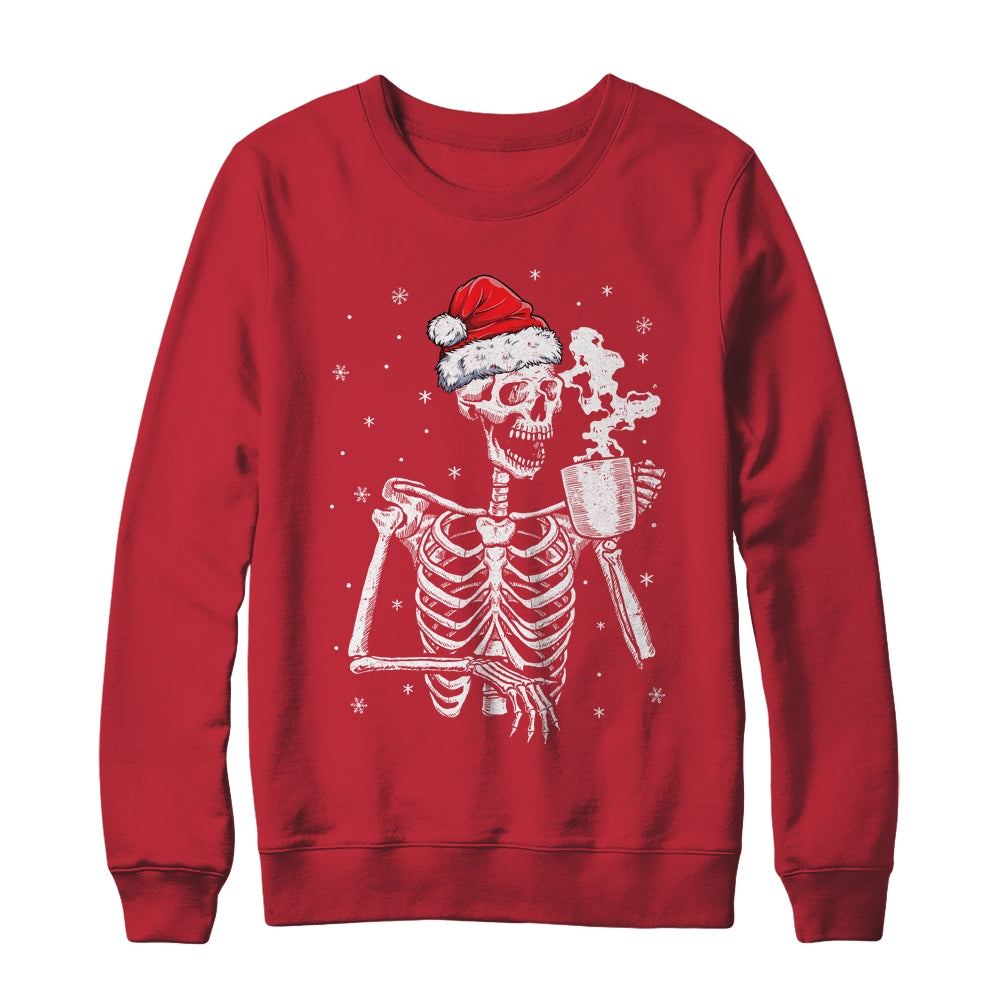 Coffee Drinking Skeleton Christmas Skull Santa Hat Xmas Shirt & Sweatshirt | siriusteestore