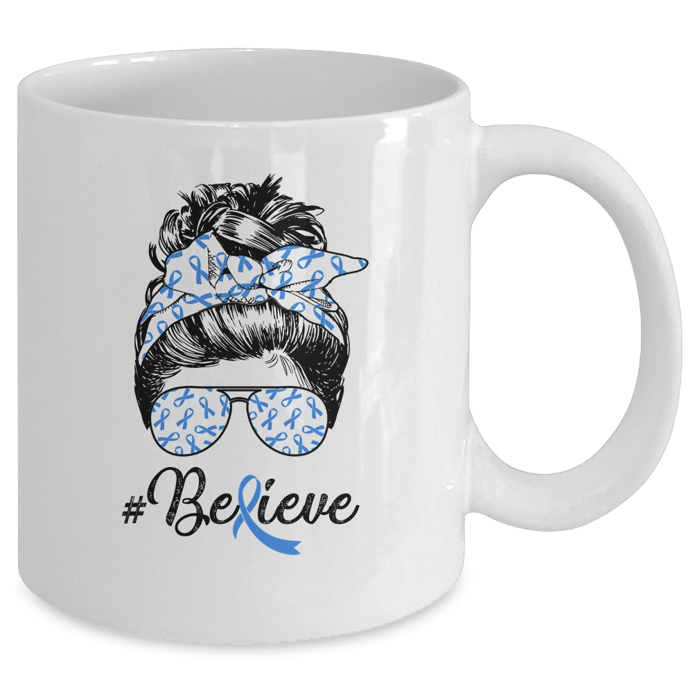 Colon Cancer Awareness Messy Bun Warrior Believe Blue Mug | siriusteestore