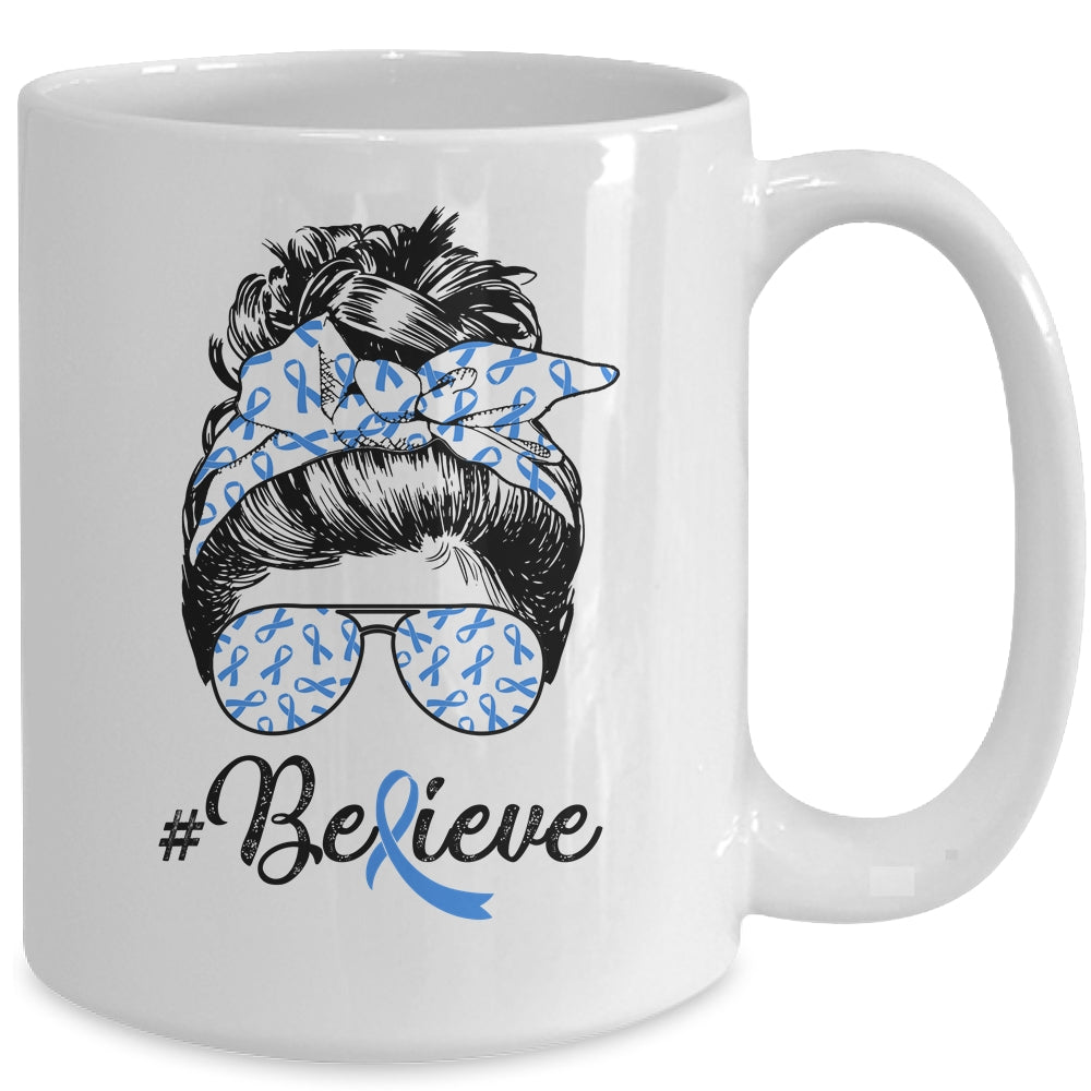 Colon Cancer Awareness Messy Bun Warrior Believe Blue Mug | siriusteestore