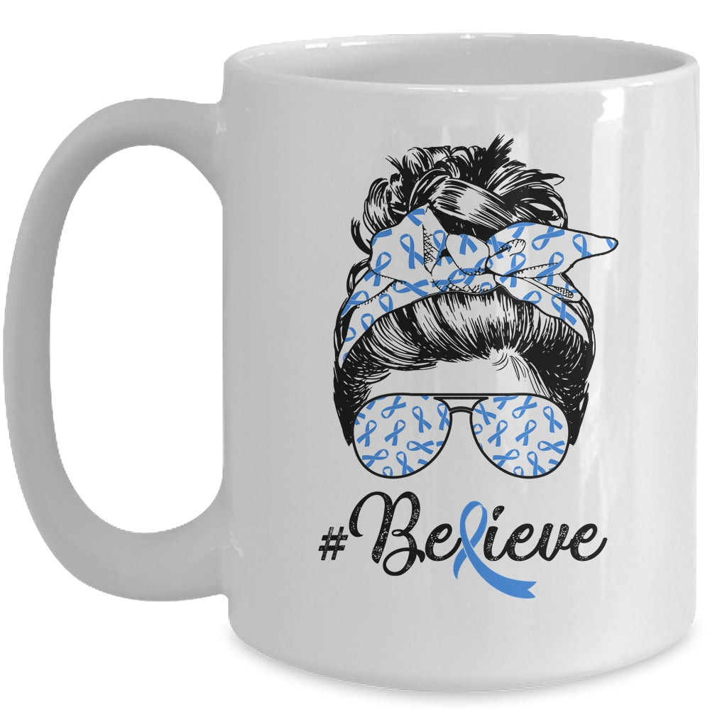Colon Cancer Awareness Messy Bun Warrior Believe Blue Mug | siriusteestore