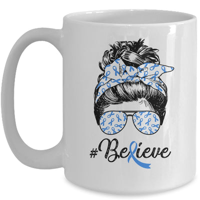 Colon Cancer Awareness Messy Bun Warrior Believe Blue Mug | siriusteestore