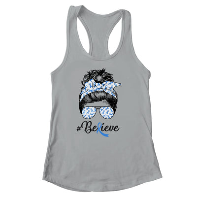 Colon Cancer Awareness Messy Bun Warrior Believe Blue Shirt & Tank Top | siriusteestore