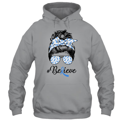 Colon Cancer Awareness Messy Bun Warrior Believe Blue Shirt & Tank Top | siriusteestore
