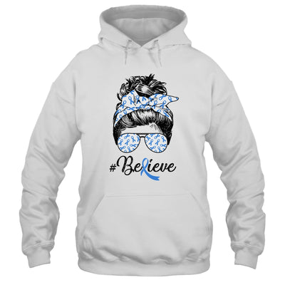 Colon Cancer Awareness Messy Bun Warrior Believe Blue Shirt & Tank Top | siriusteestore