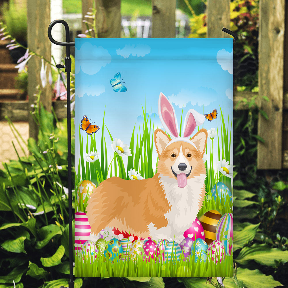 Corgi Happy Easter Day Holiday Flag Funny Dog Wear Bunny Ears Headband Cute for Home Decor Garden Flag House Flag