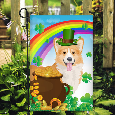 Corgi St Patrick's Day Dog Flag Funny Peeking Dog Wear Green Hat Golden Pot Coin Shamrock Rainbow Spring Banner for Home Decor | siriusteestore