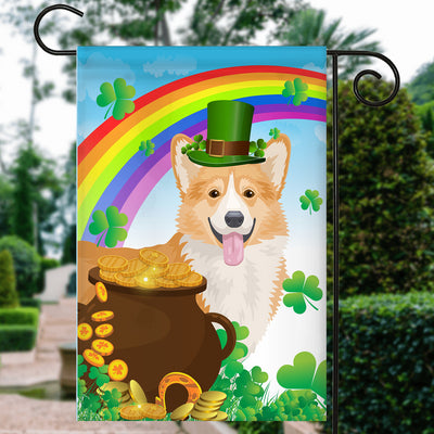 Corgi St Patrick's Day Dog Flag Funny Peeking Dog Wear Green Hat Golden Pot Coin Shamrock Rainbow Spring Banner for Home Decor | siriusteestore