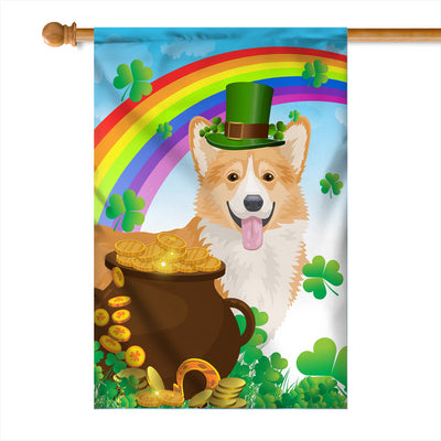 Corgi St Patrick's Day Dog Flag Funny Peeking Dog Wear Green Hat Golden Pot Coin Shamrock Rainbow Spring Banner for Home Decor | siriusteestore