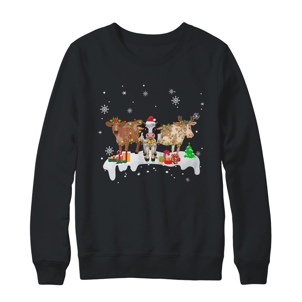 Cow Reindeer Santa Hat Christmas Light Funny Cows Lover Xmas Shirt & Sweatshirt | siriusteestore