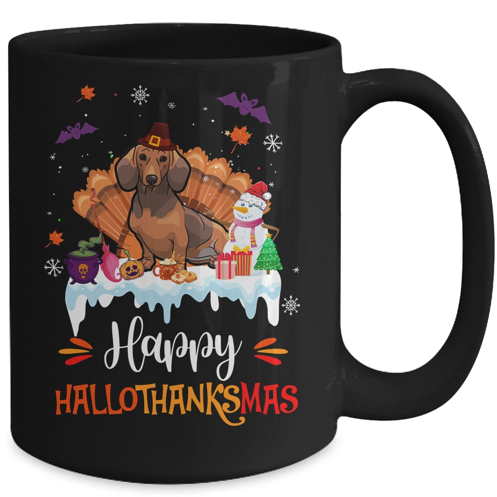 Dachshund HalloThanksMas Halloween Thanksgiving Christmas Mug | siriusteestore