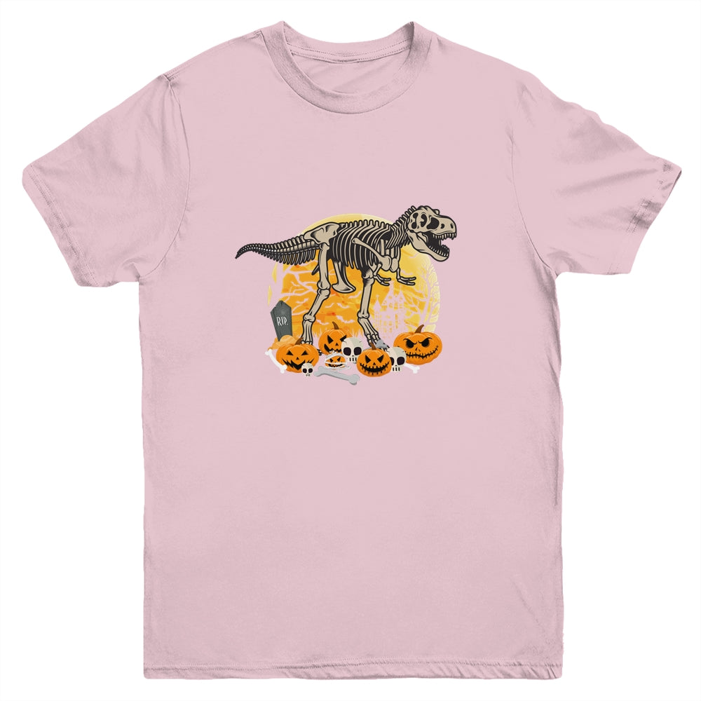 Dinosaur T Rex Skeleton Pumpkin With Moon Halloween Costume Youth Shirt | siriusteestore