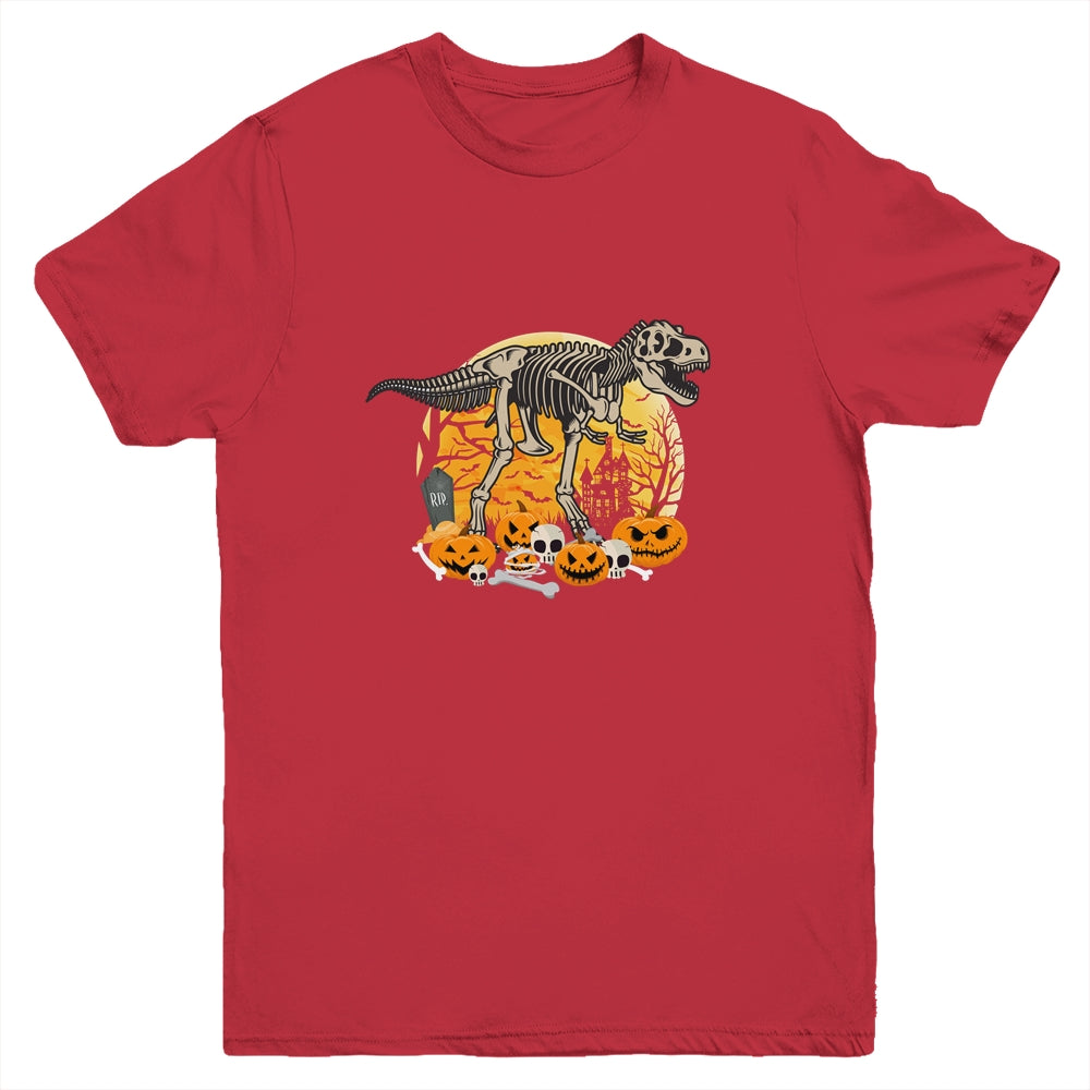 Dinosaur T Rex Skeleton Pumpkin With Moon Halloween Costume Youth Shirt | siriusteestore