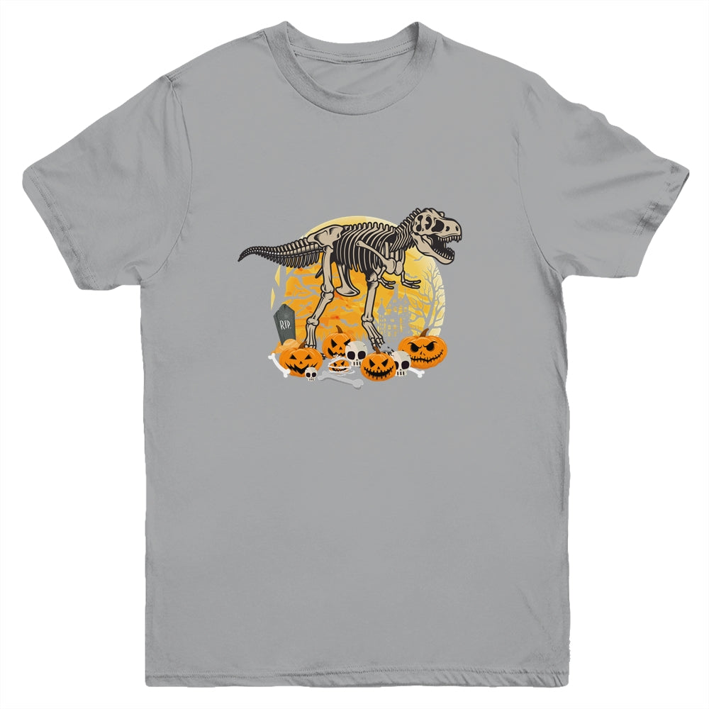 Dinosaur T Rex Skeleton Pumpkin With Moon Halloween Costume Youth Shirt | siriusteestore