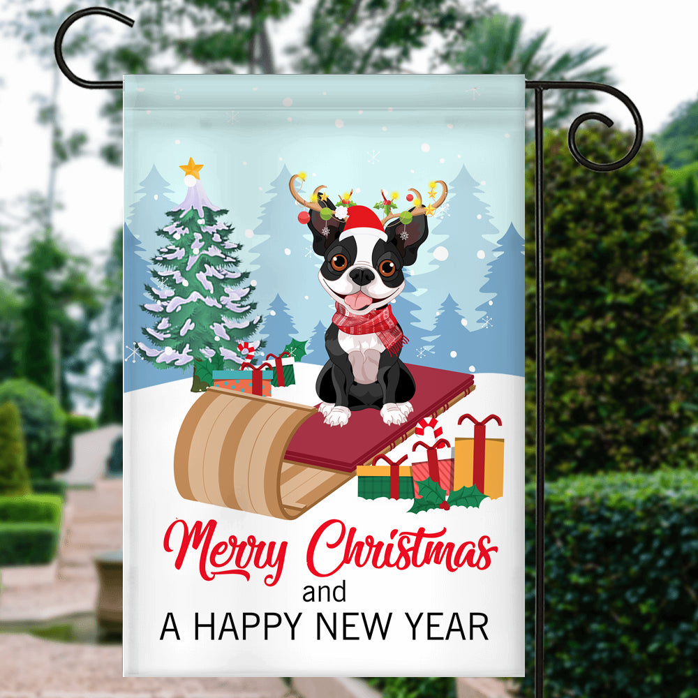 Dog Boston Terrier Christmas Flag Merry Christmas and Happy New Year Welcome Gift for Dog Lovers | siriusteestore