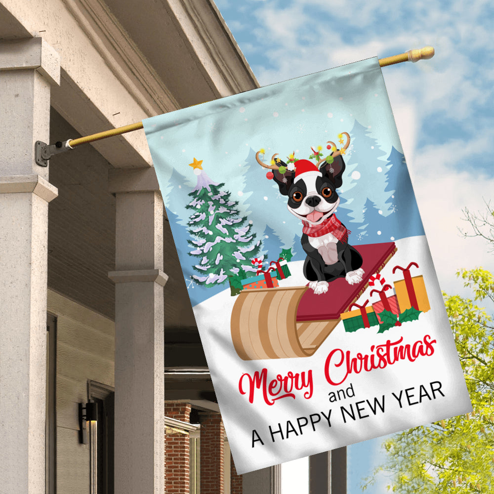 Dog Boston Terrier Christmas Flag Merry Christmas and Happy New Year Welcome Gift for Dog Lovers | siriusteestore