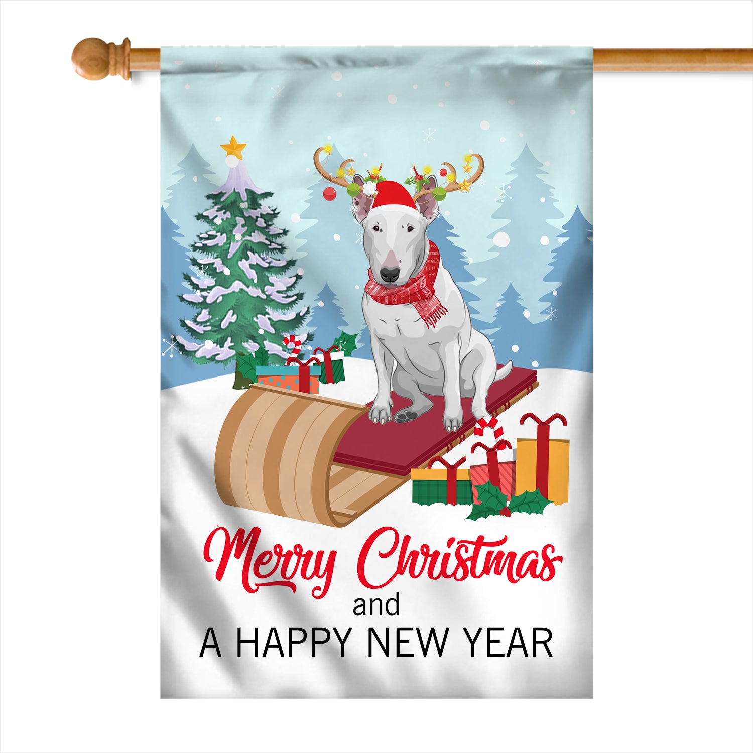 Dog Bull Terrier Christmas Flag Merry Christmas and Happy New Year Welcome Gift for Dog Lovers | siriusteestore