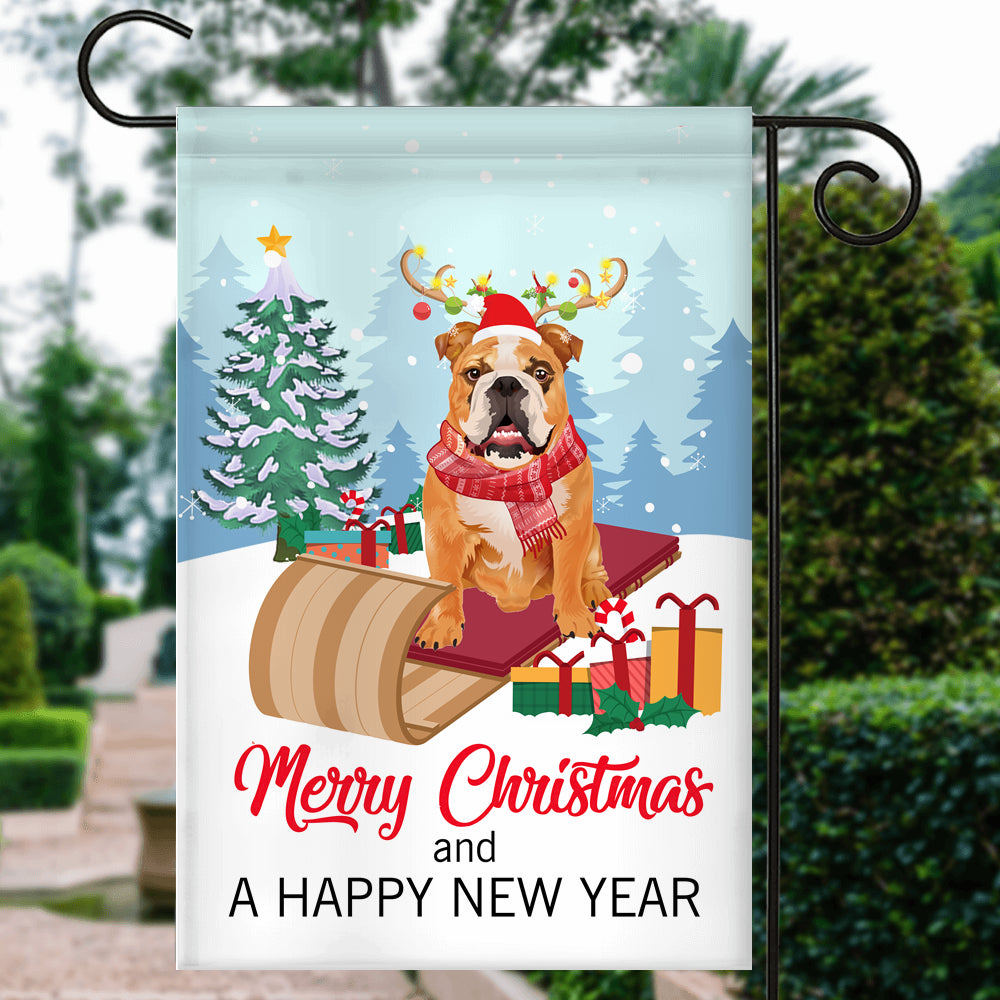 Dog Bulldog Christmas Flag Merry Christmas and Happy New Year Welcome Gift for Dog Lovers | siriusteestore