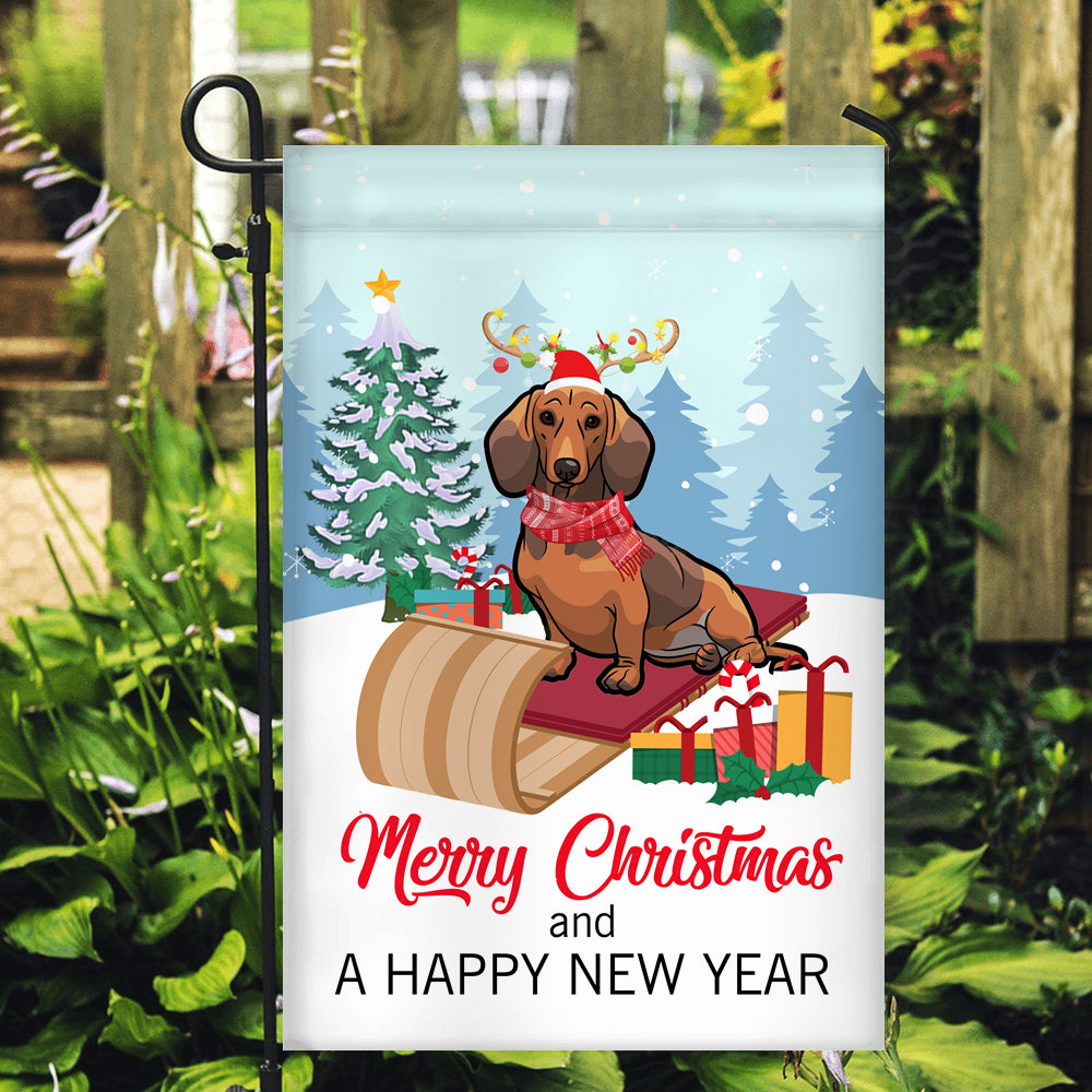 Dog Dachshund Christmas Flag Merry Christmas and Happy New Year Welcome Gift for Dog Lovers | siriusteestore