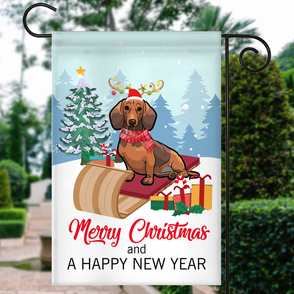 Dog Dachshund Christmas Flag Merry Christmas and Happy New Year Welcome Gift for Dog Lovers | siriusteestore
