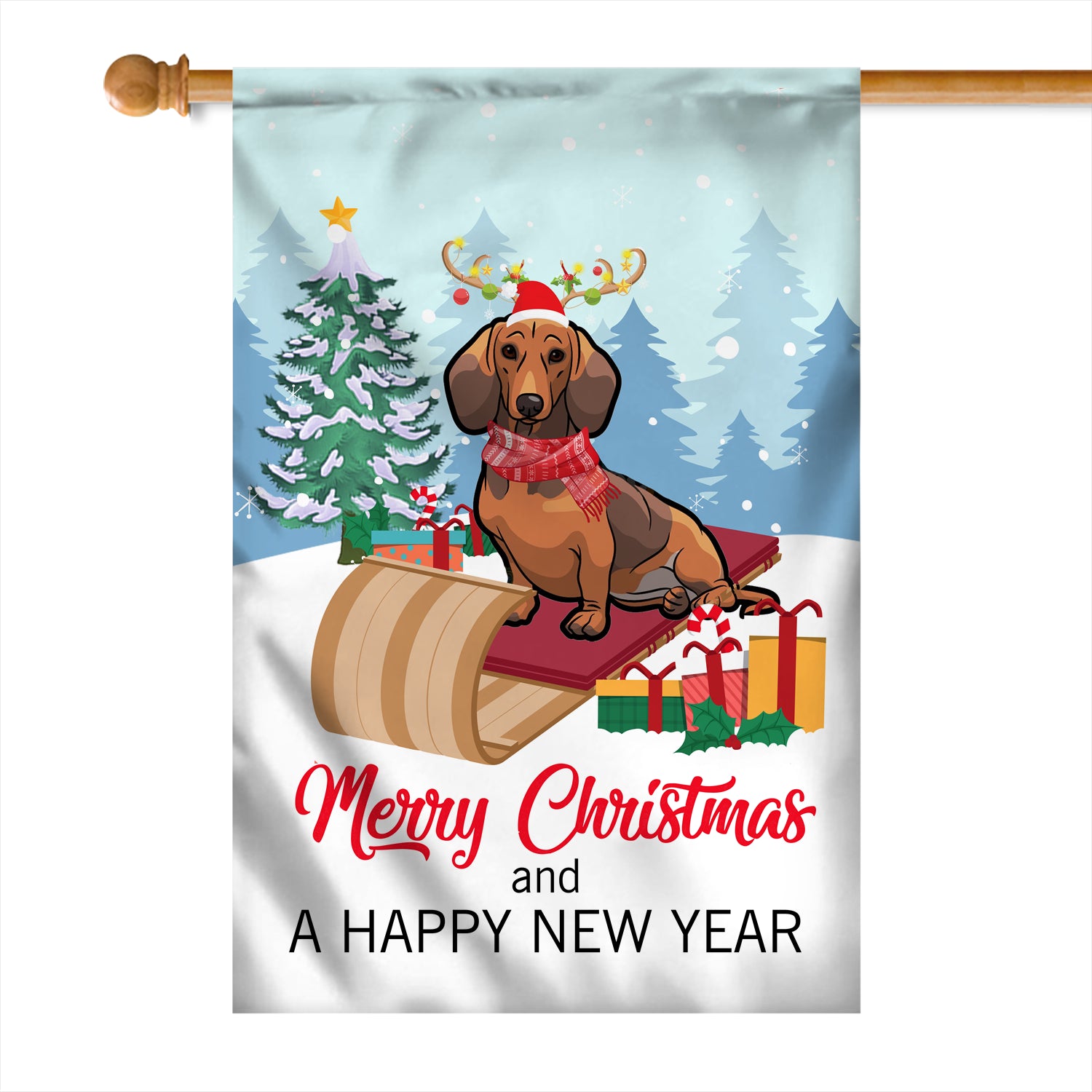 Dog Dachshund Christmas Flag Merry Christmas and Happy New Year Welcome Gift for Dog Lovers | siriusteestore