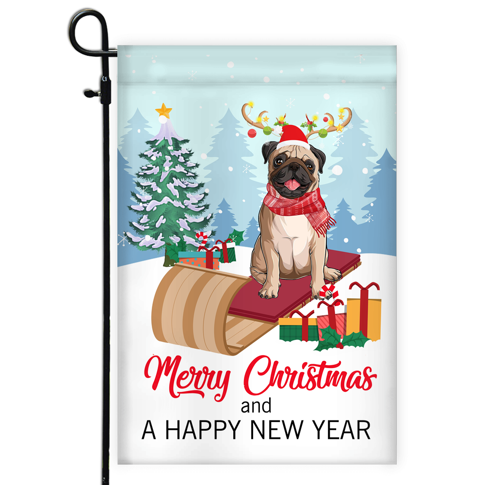 Dog Pug Christmas Flag Merry Christmas and Happy New Year Welcome Gift for Dog Lovers | siriusteestore