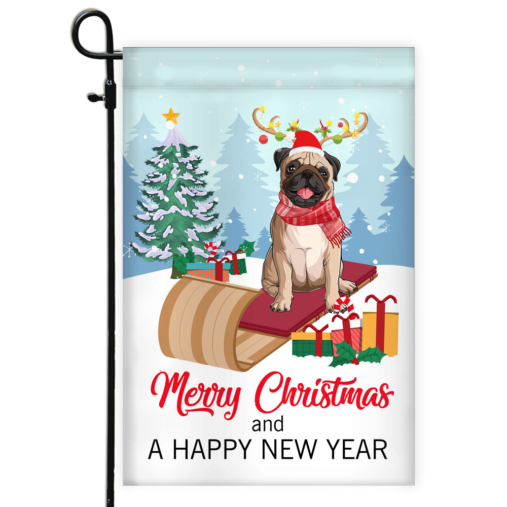 Dog Pug Christmas Flag Merry Christmas and Happy New Year Welcome Gift for Dog Lovers | siriusteestore