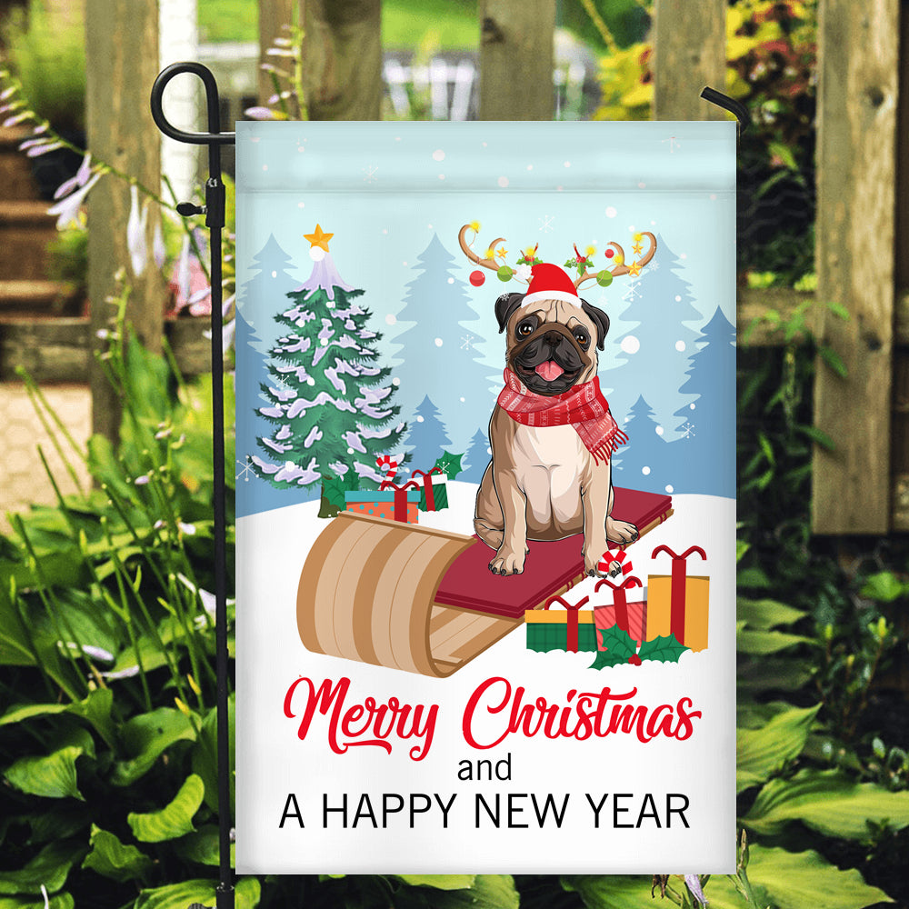 Dog Pug Christmas Flag Merry Christmas and Happy New Year Welcome Gift for Dog Lovers | siriusteestore