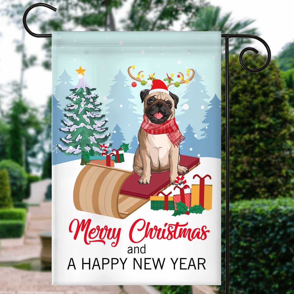Dog Pug Christmas Flag Merry Christmas and Happy New Year Welcome Gift for Dog Lovers | siriusteestore