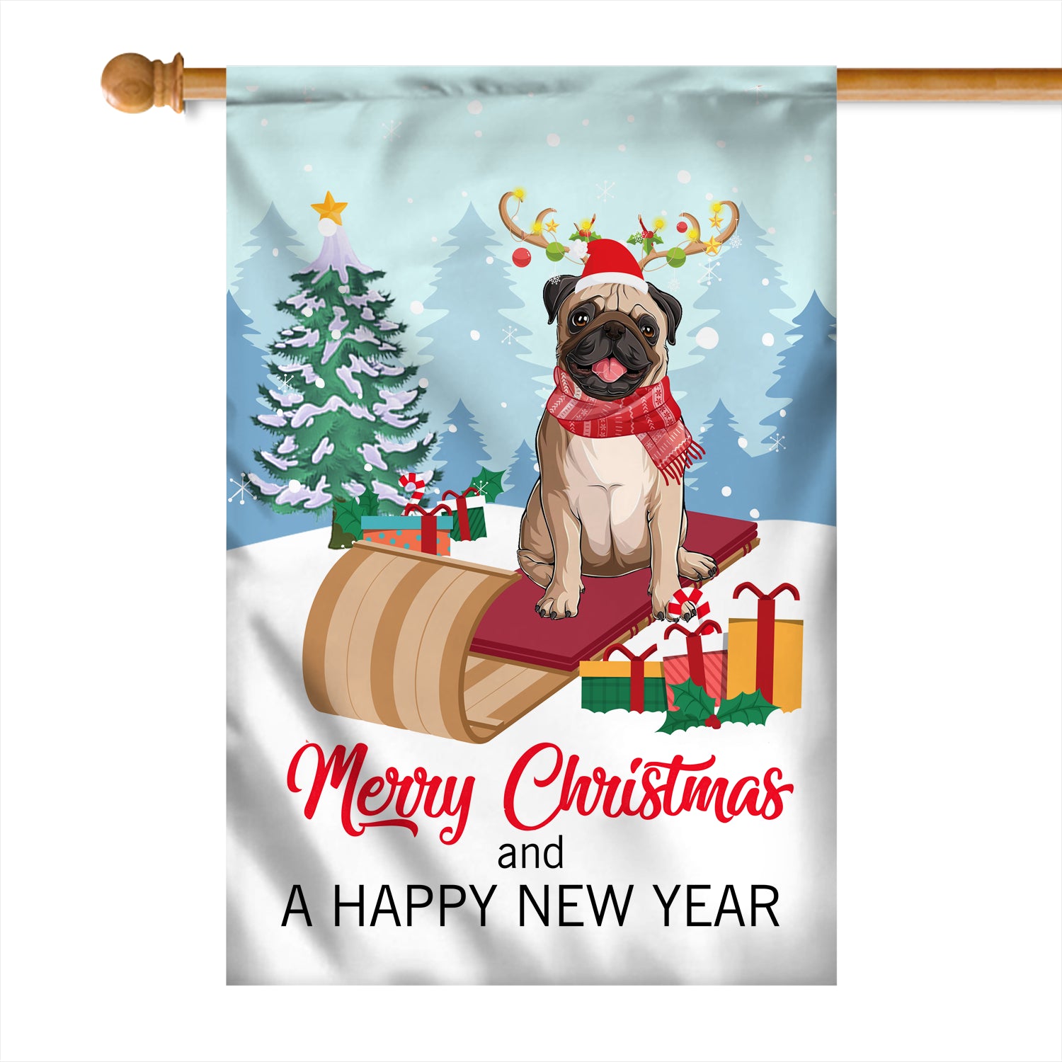 Dog Pug Christmas Flag Merry Christmas and Happy New Year Welcome Gift for Dog Lovers | siriusteestore