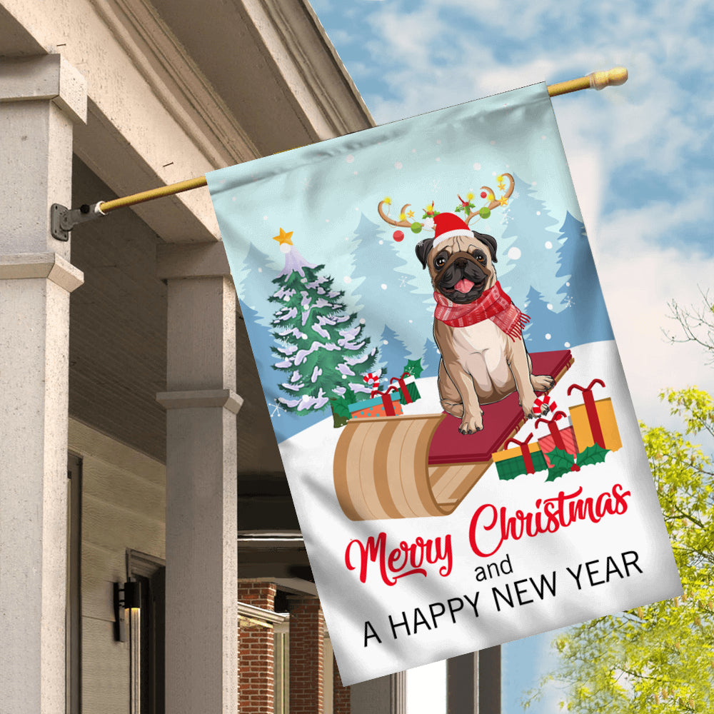 Dog Pug Christmas Flag Merry Christmas and Happy New Year Welcome Gift for Dog Lovers | siriusteestore