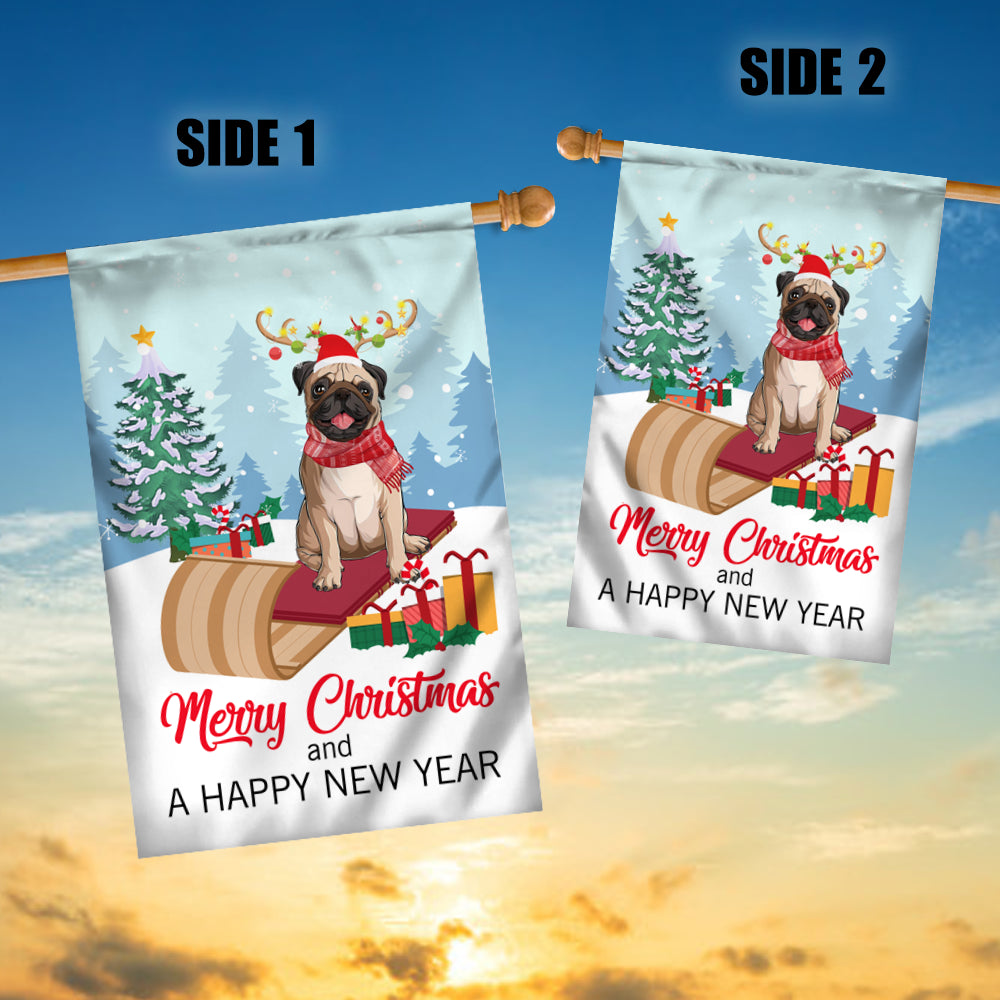 Dog Pug Christmas Flag Merry Christmas and Happy New Year Welcome Gift for Dog Lovers | siriusteestore