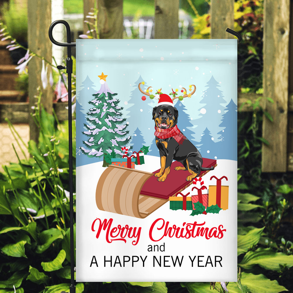 Dog Rottweiler Christmas Flag Merry Christmas and Happy New Year Welcome Gift for Dog Lovers | siriusteestore