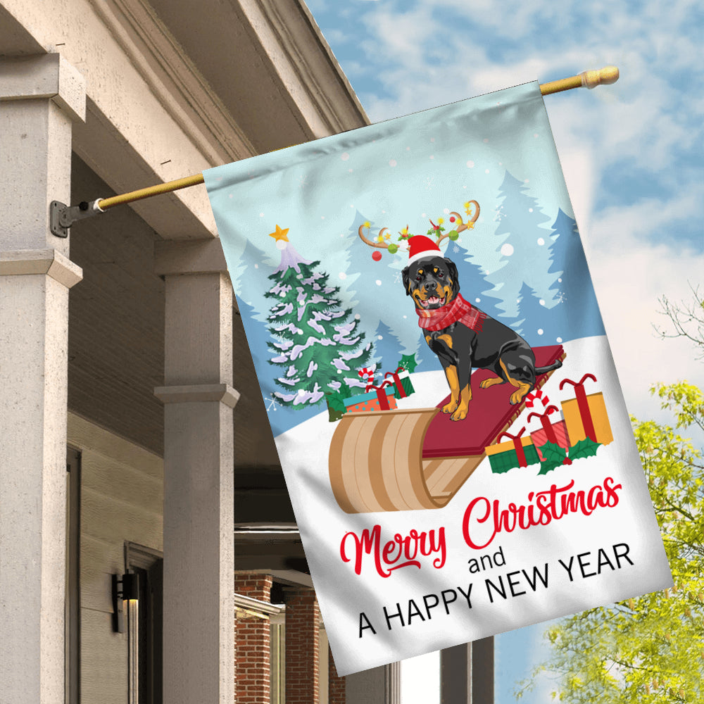 Dog Rottweiler Christmas Flag Merry Christmas and Happy New Year Welcome Gift for Dog Lovers | siriusteestore