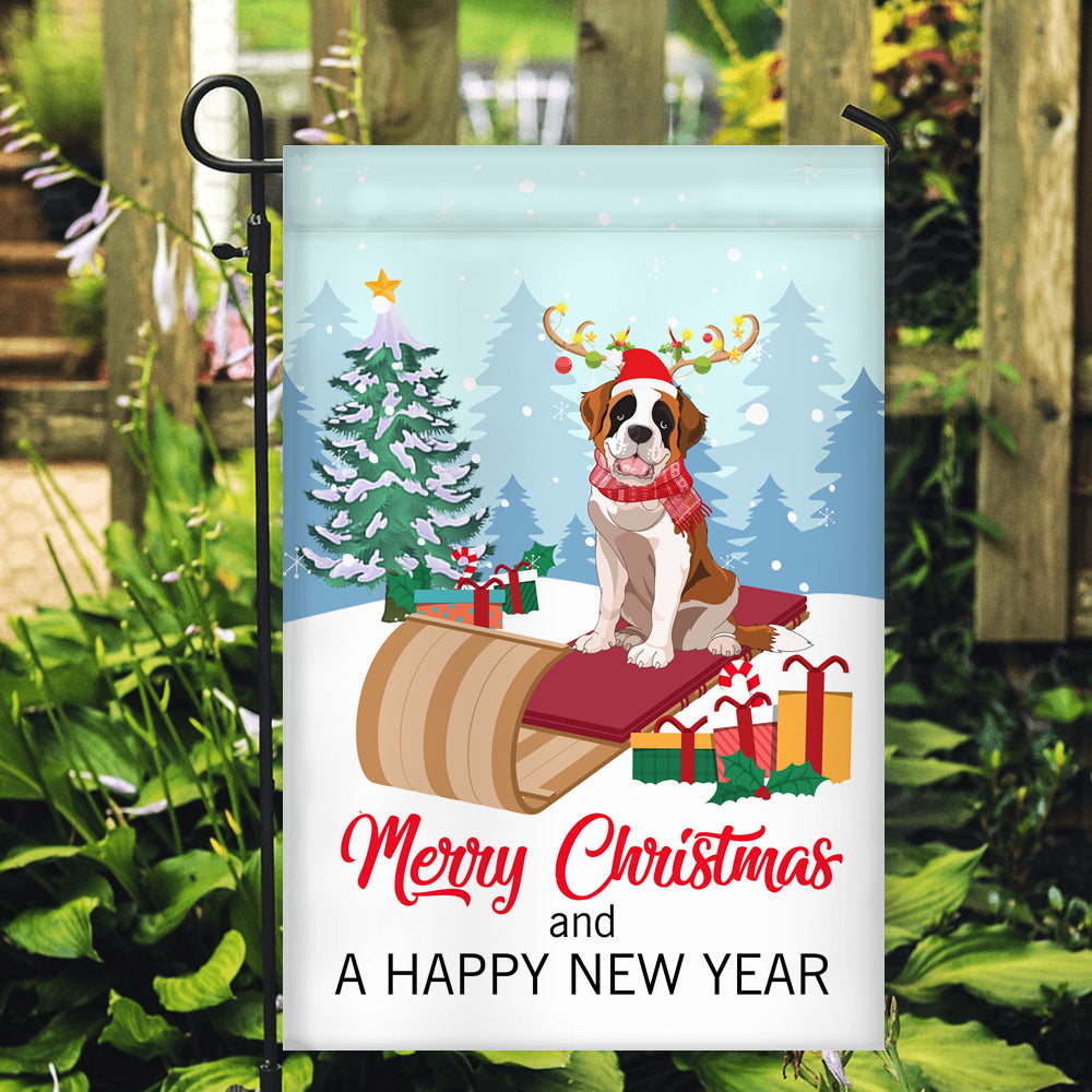 Dog Saint Bernard Christmas Flag Merry Christmas and Happy New Year Welcome Gift for Dog Lovers | siriusteestore